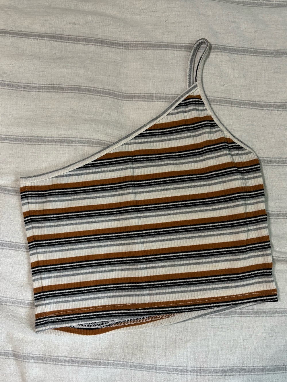 Striped One-Shoulder Crop Tank Top in White and Brown